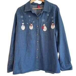 Vintage Lightweight Denim Embroidered Christmas Snowman Button Down Long Sleeve